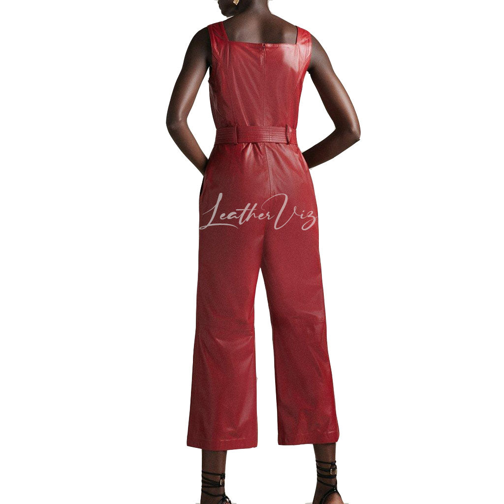Leather Square Neck Women Red Leather Jumpsuit
