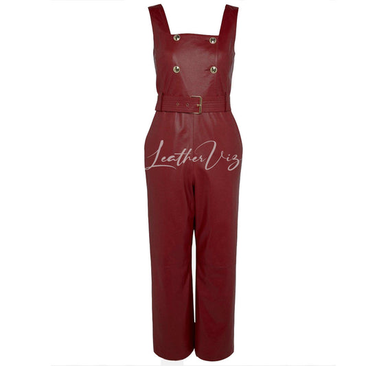 Leather Square Neck Women Red Leather Jumpsuit