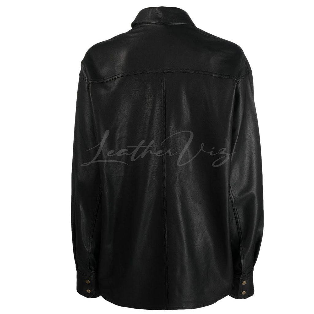 LONG SLEEVES MEN BLACK LEATHER SHIRT