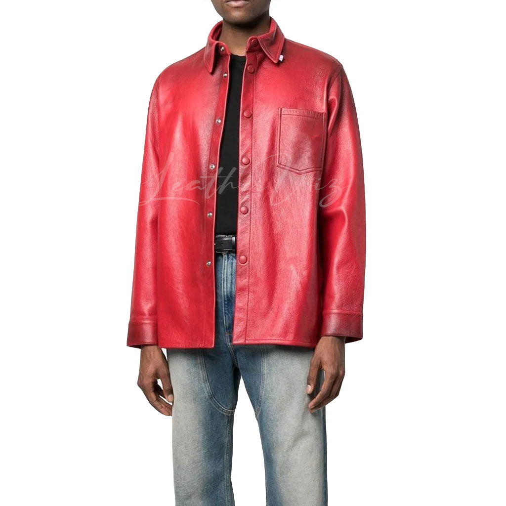 MEN BLOOD RED LEATHER OVER SHIRT