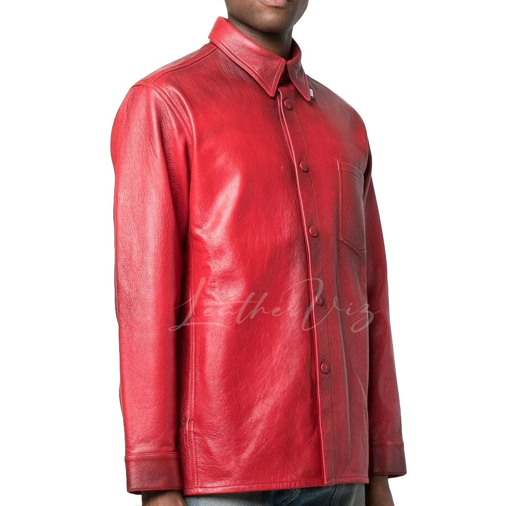 MEN BLOOD RED LEATHER OVER SHIRT