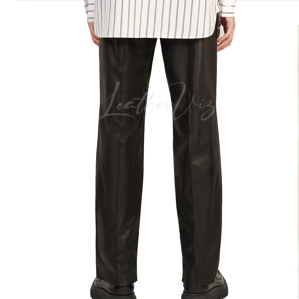 MEN LEATHER TAPERED TROUSERS WITH ZIP DETAIL