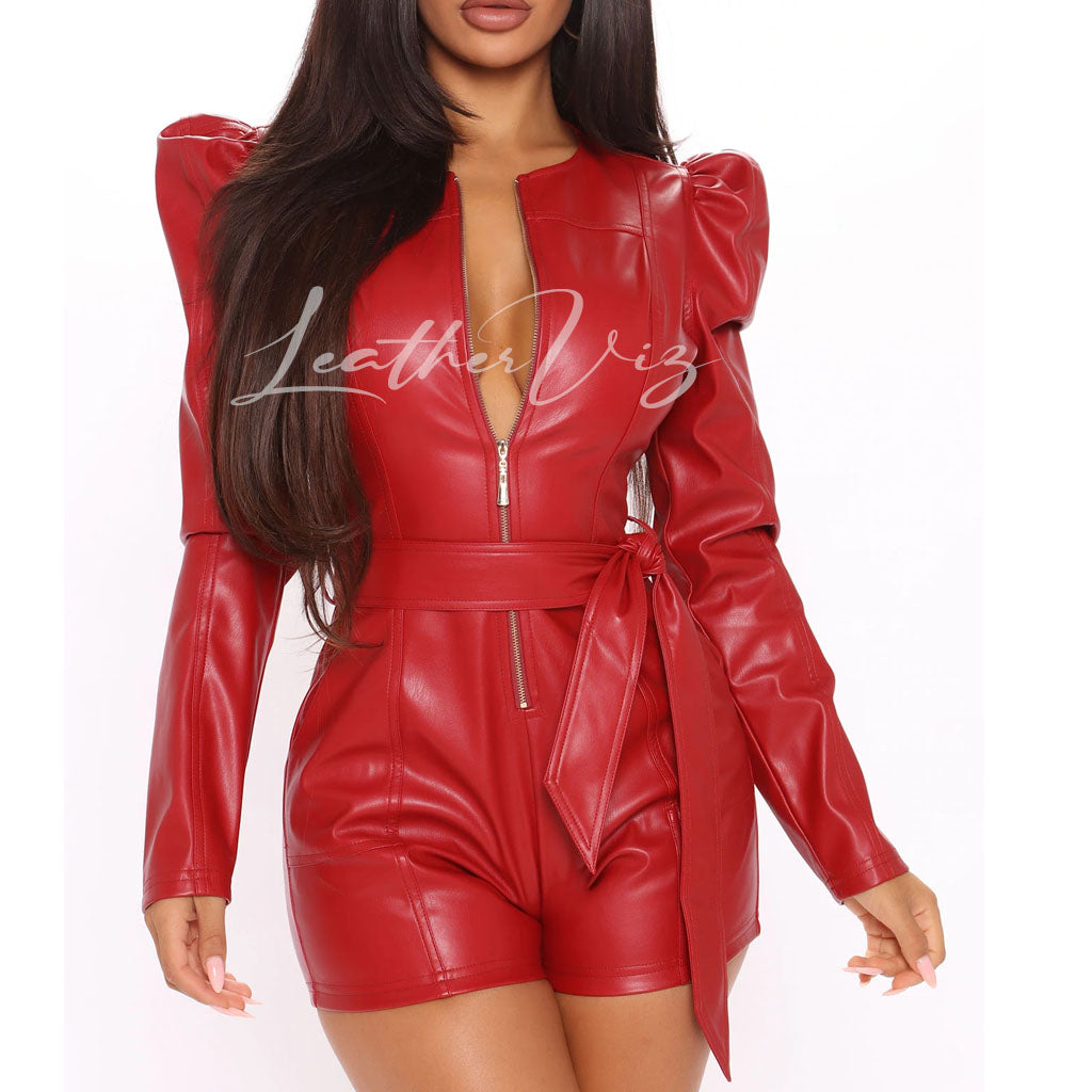 women in red leather mini romper spring collection