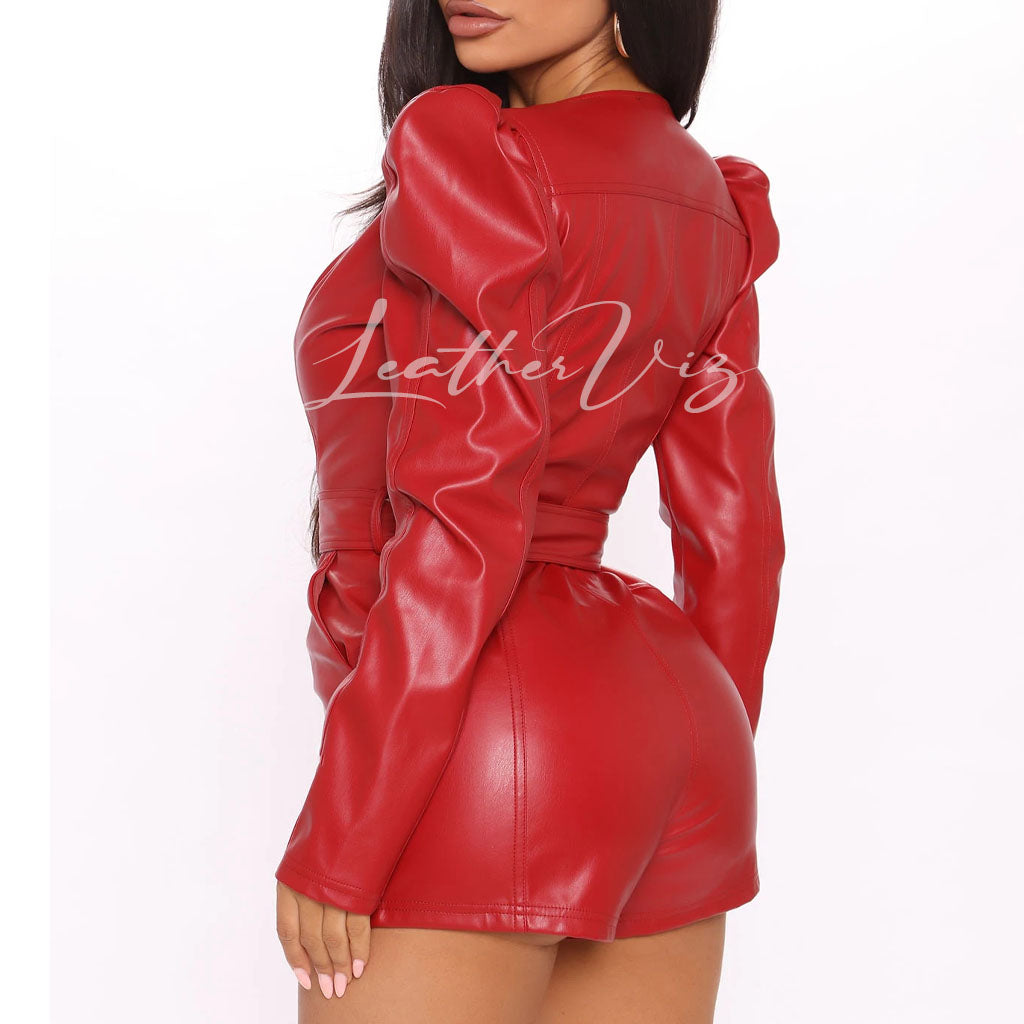 Mini Length Women Red Leather Jumpsuit