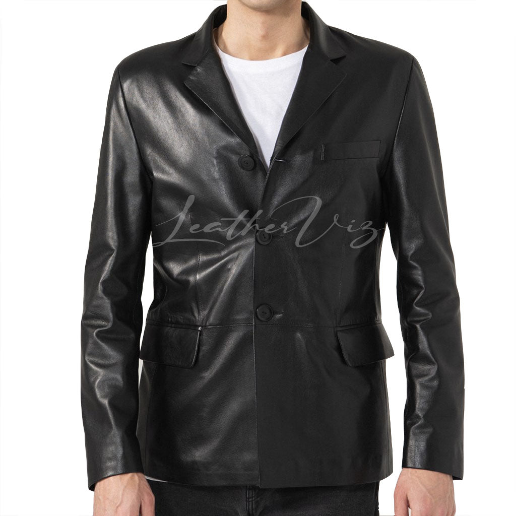 MEN CLASSIC BLACK LEATHER BLAZER