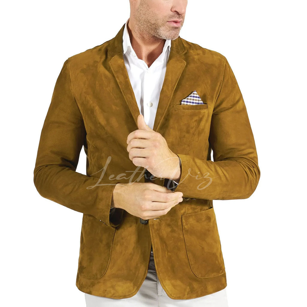 Mens Two Button Tan Suede Leather Blazer