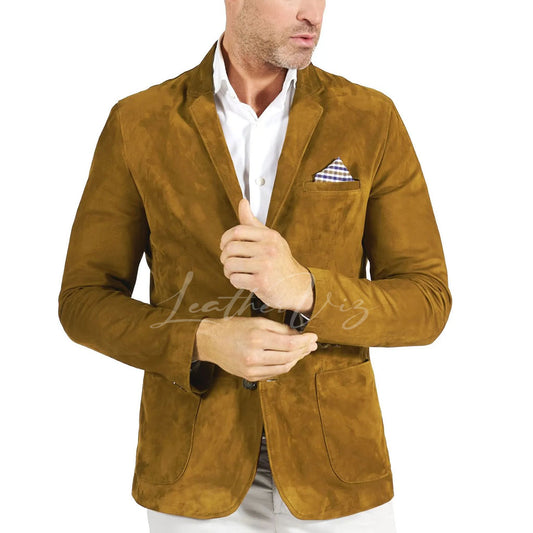 Mens Two Button Tan Suede Leather Blazer