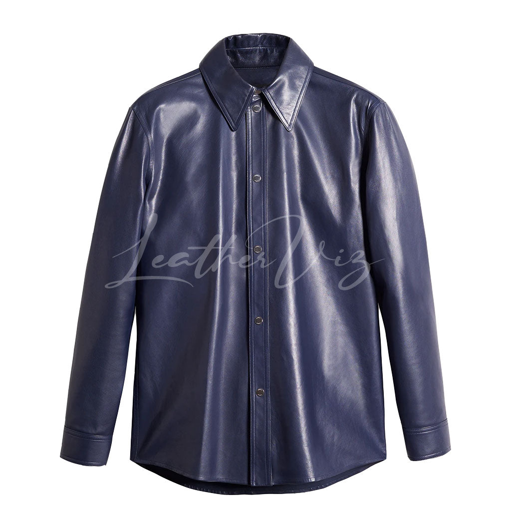 Men leather shirt in navy blue with pointed collar