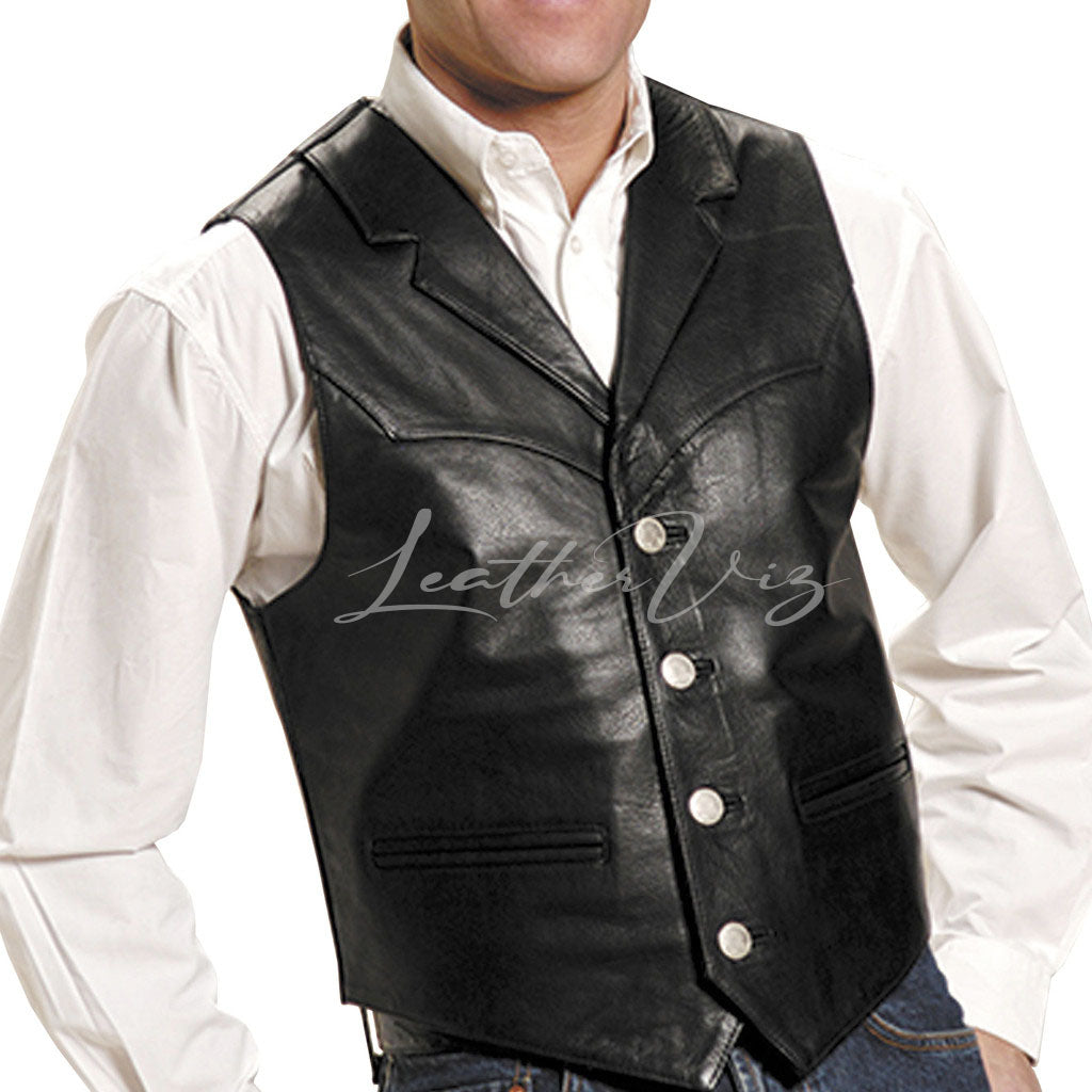 NOTCH COLLAR MEN BLACK LEATHER VEST