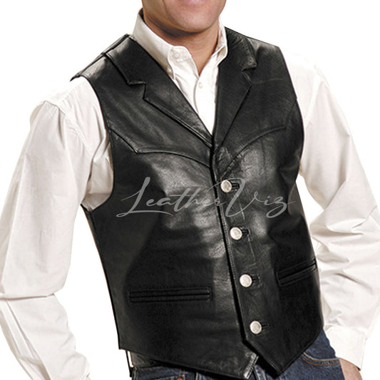 NOTCH COLLAR MEN BLACK LEATHER VEST
