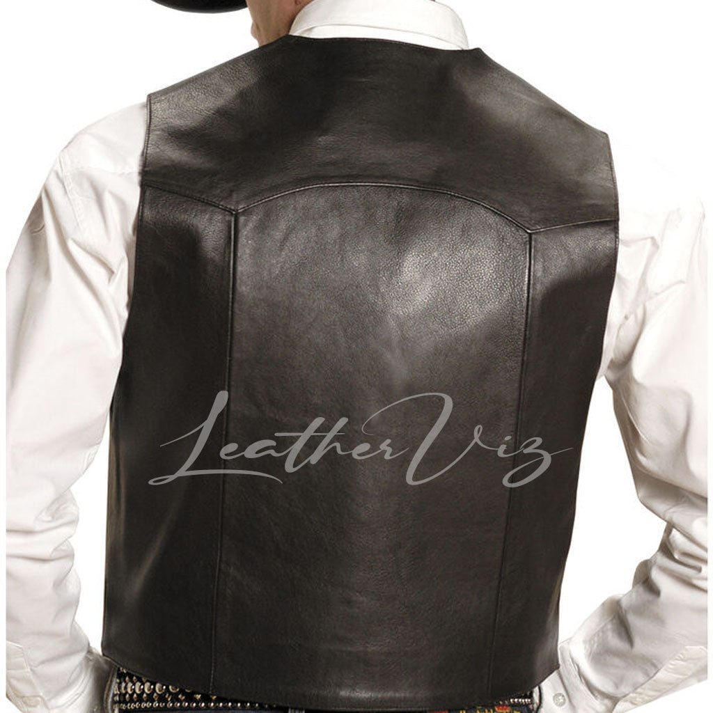 NOTCH COLLAR MEN BLACK LEATHER VEST