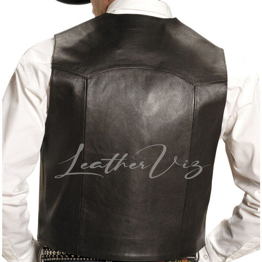 NOTCH COLLAR MEN BLACK LEATHER VEST