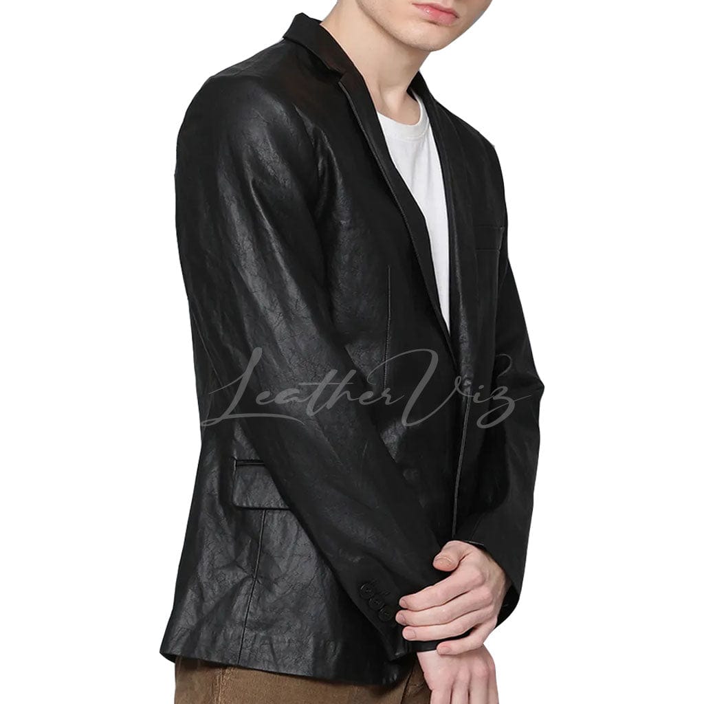NOTCH COLLAR SINGLE BREASTED MEN LEATHER BLAZER