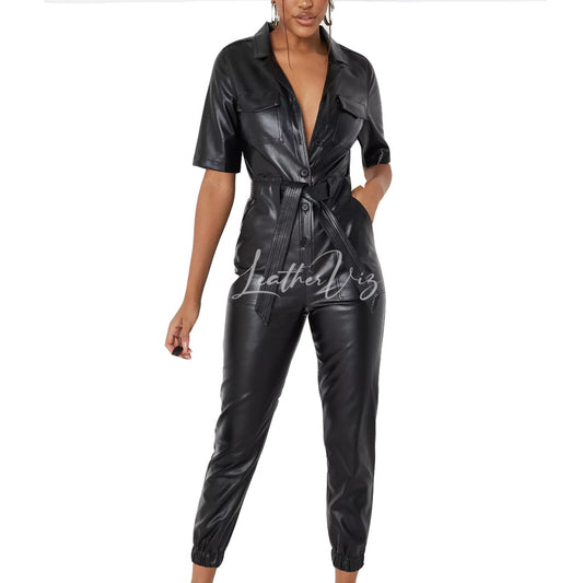 Notch Collar Women Black Leather Jumpsuit
