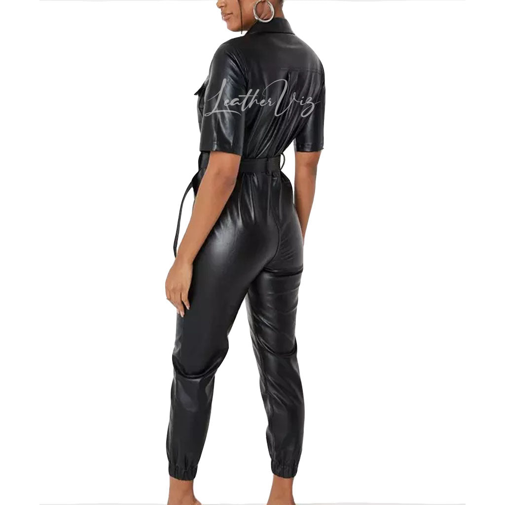 Notch Collar Women Black Leather Jumpsuit