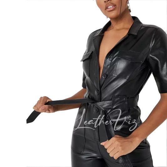 Notch Collar Women Black Leather Jumpsuit
