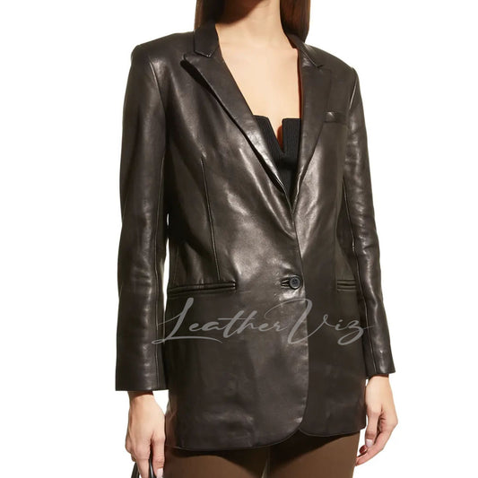 ONE-BUTTON FRONT LEATHER BLAZER FOR WOMEN