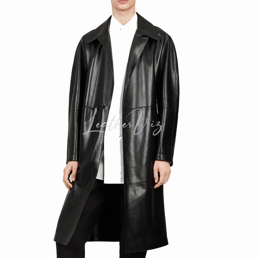OPEN FRONT MEN LEATHER TRENCH COAT