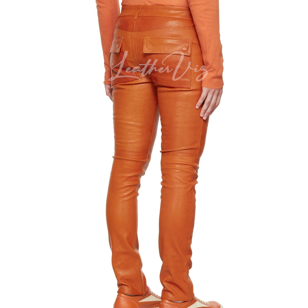 ORANGE LEATHER MEN BIKER TROUSERS