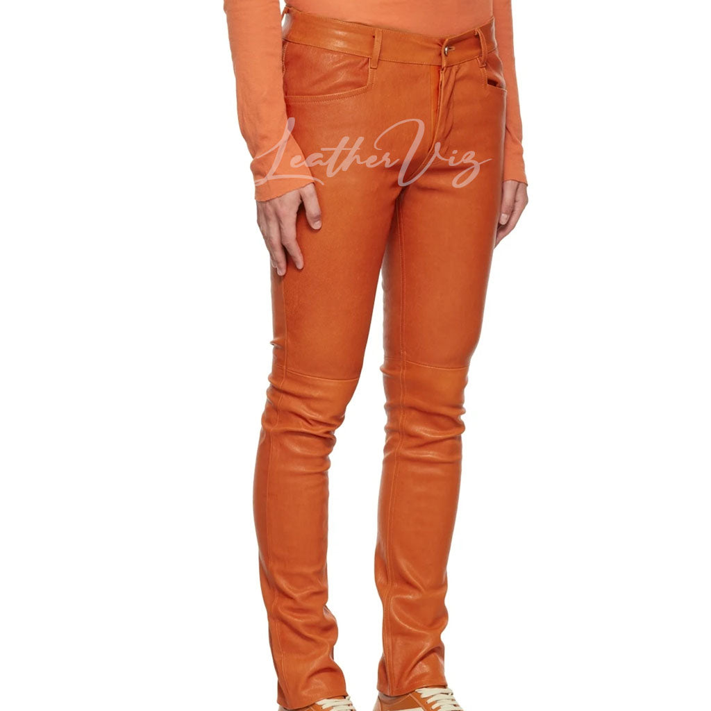 ORANGE LEATHER MEN BIKER TROUSERS