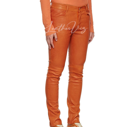 ORANGE LEATHER MEN BIKER TROUSERS