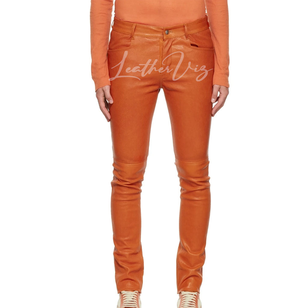 ORANGE LEATHER MEN BIKER TROUSERS