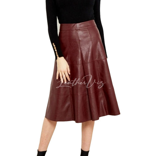 PANELED A LINE KNEE LENGTH LEATHER SKIRT