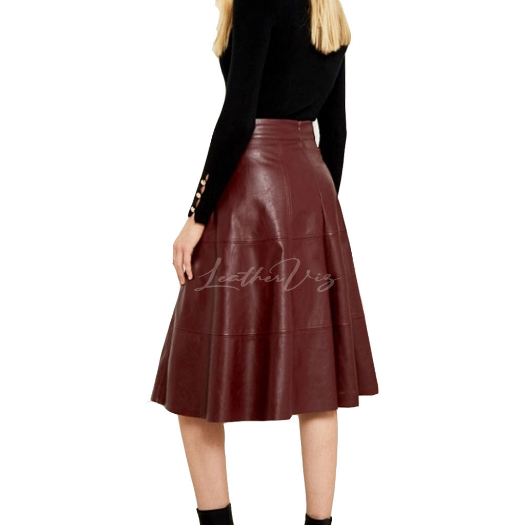PANELED A LINE KNEE LENGTH LEATHER SKIRT