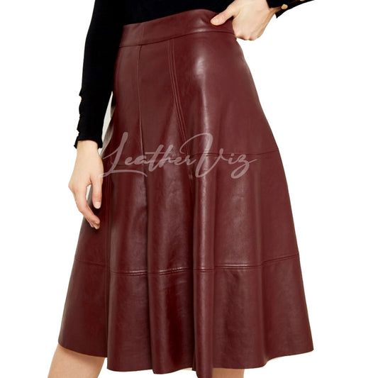 PANELED A LINE KNEE LENGTH LEATHER SKIRT