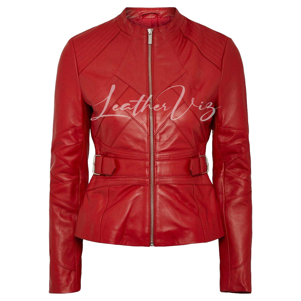 Paneled Detailing Buckle Waist Red Leather Jacket