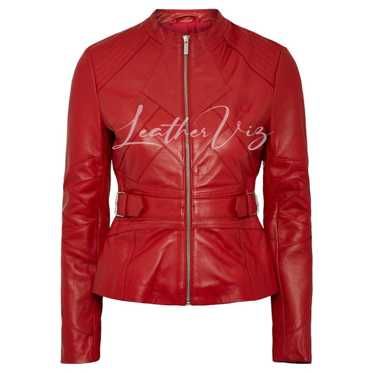 Paneled Detailing Buckle Waist Red Leather Jacket