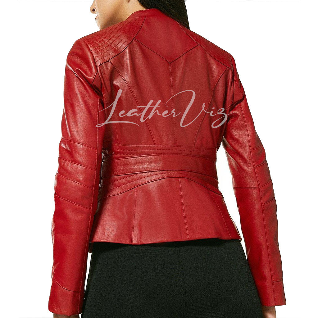 Paneled Detailing Buckle Waist Red Leather Jacket