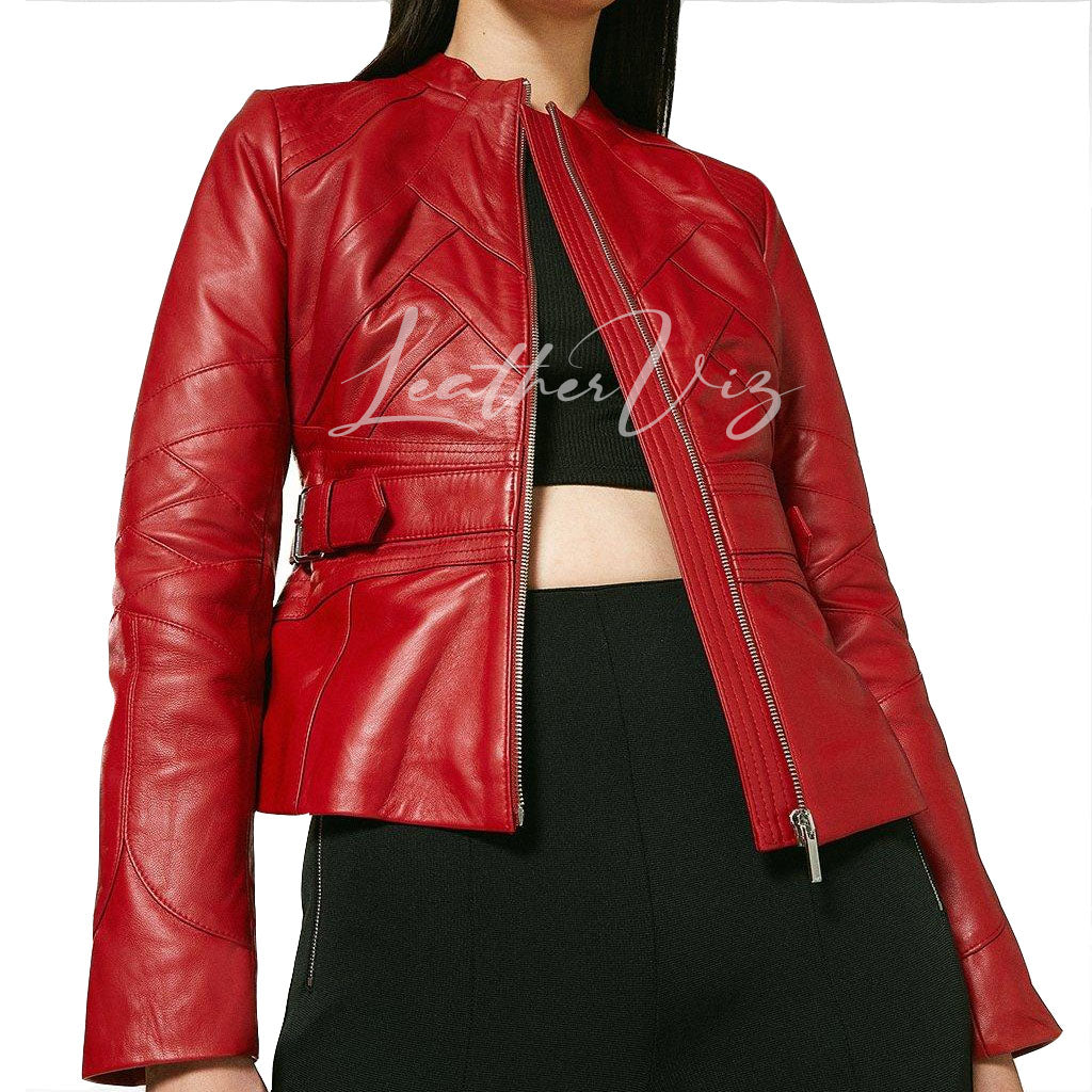 Paneled Detailing Buckle Waist Red Leather Jacket