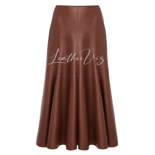 PANELED DETAILING FLARED MIDI LEATHER SKIRT