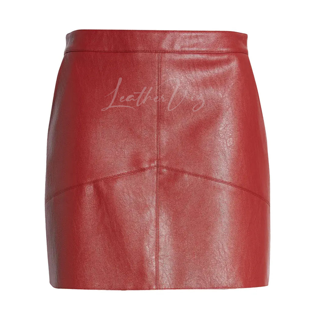 PANELED DETAILING RED LEATHER MINI SKIRT