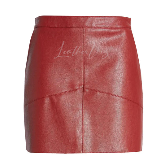 PANELED DETAILING RED LEATHER MINI SKIRT
