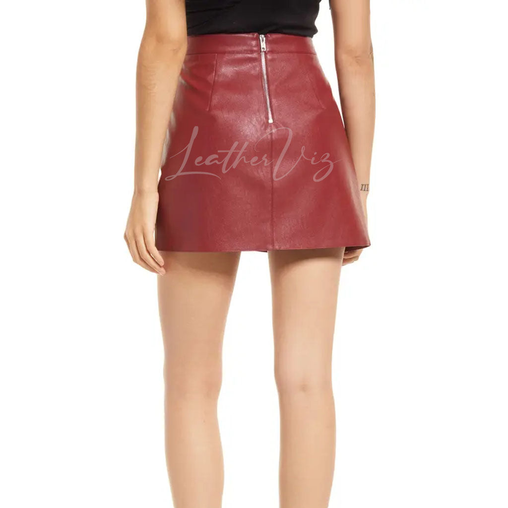 PANELED DETAILING RED LEATHER MINI SKIRT