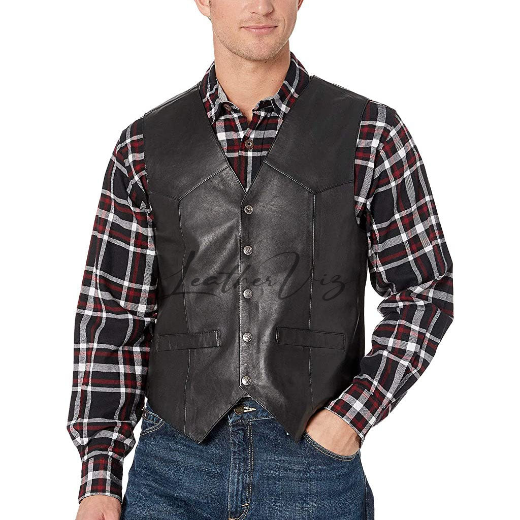 PANELED DETAILING MEN LEATHER VEST