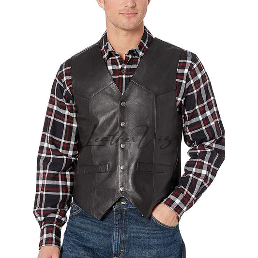 PANELED DETAILING MEN LEATHER VEST