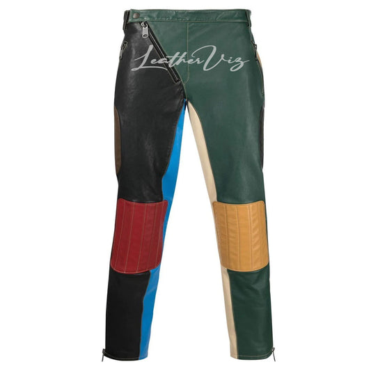 PATCHWORK COLOR-BLOCK MEN LEATHER TROUSERS