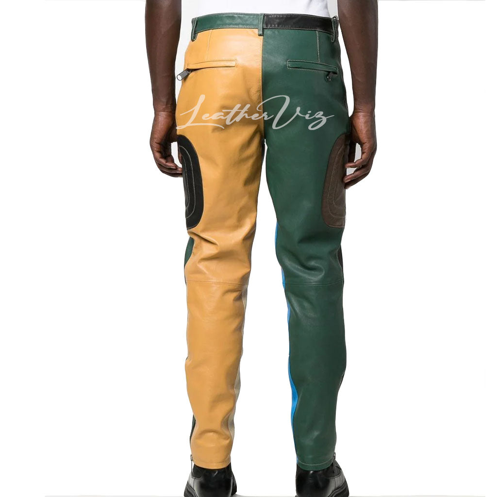 PATCHWORK COLOR-BLOCK MEN LEATHER TROUSERS