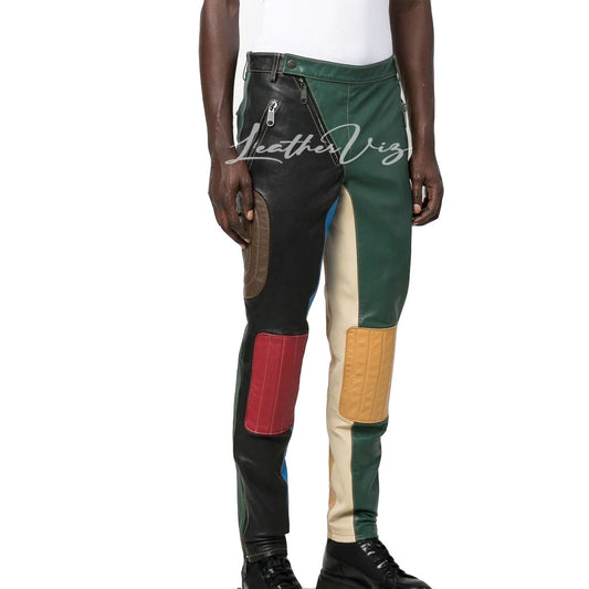 PATCHWORK COLOR-BLOCK MEN LEATHER TROUSERS