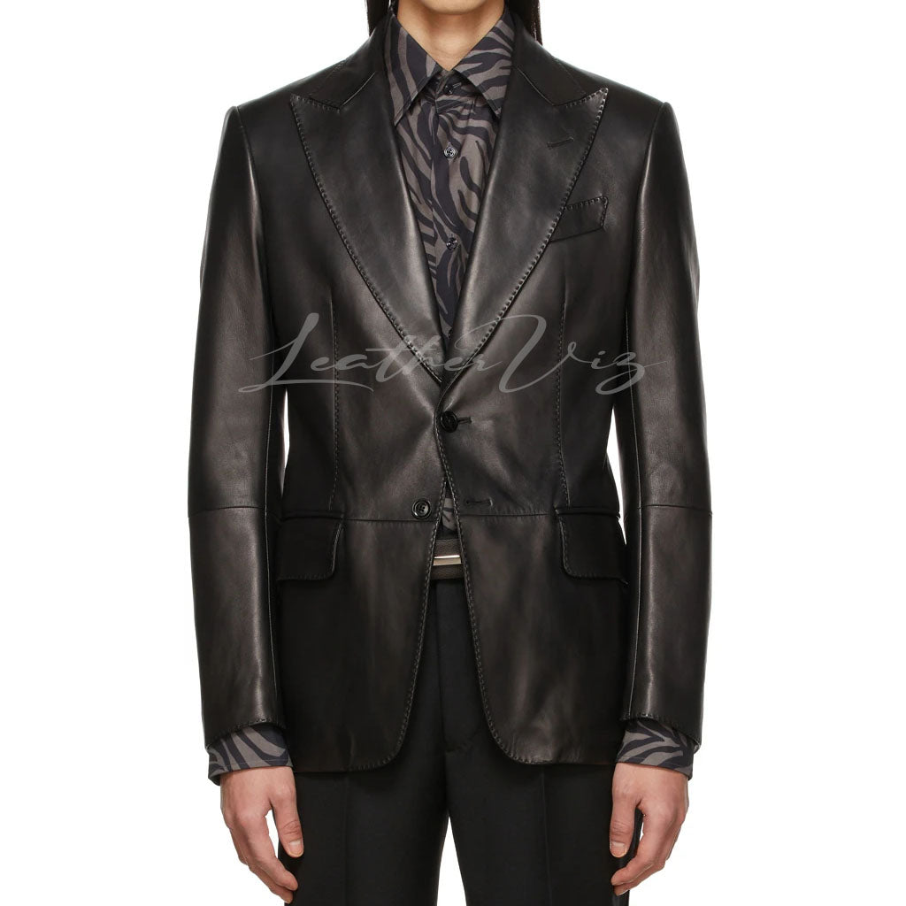 PEAKED LAPEL COLLAR MEN BLACK LEATHER BLAZER