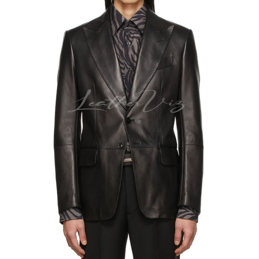PEAKED LAPEL COLLAR MEN BLACK LEATHER BLAZER