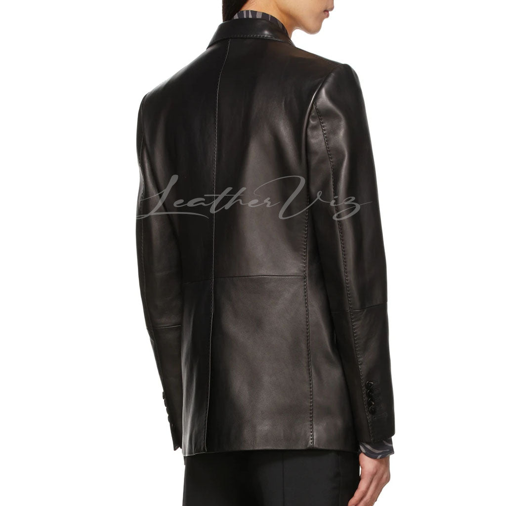 PEAKED LAPEL COLLAR MEN BLACK LEATHER BLAZER