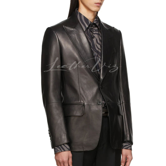 PEAKED LAPEL COLLAR MEN BLACK LEATHER BLAZER