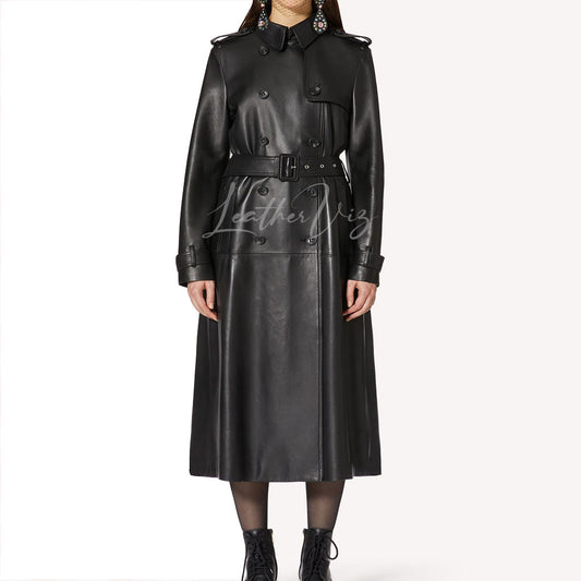 Pleated Construction Women Leather Trench Coat