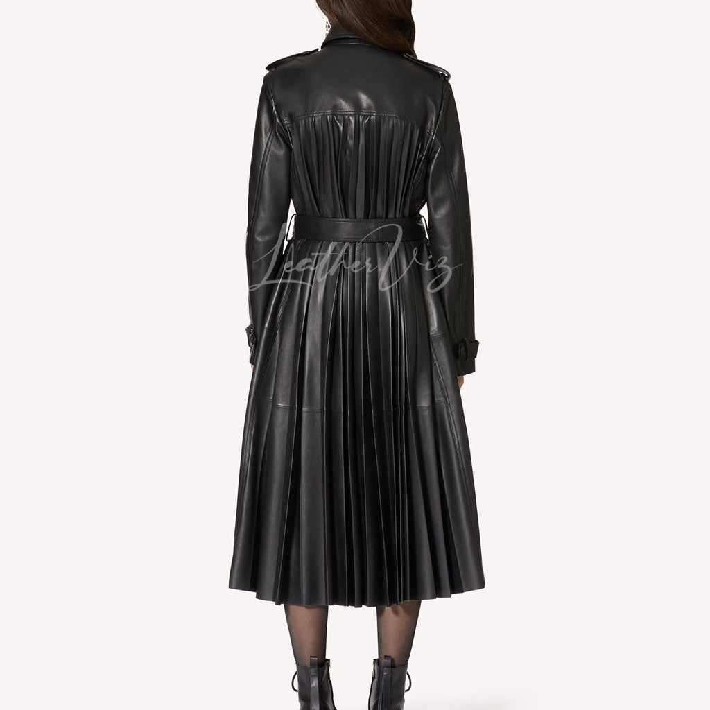 Pleated Construction Women Leather Trench Coat