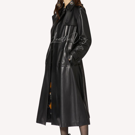 Pleated Construction Women Leather Trench Coat