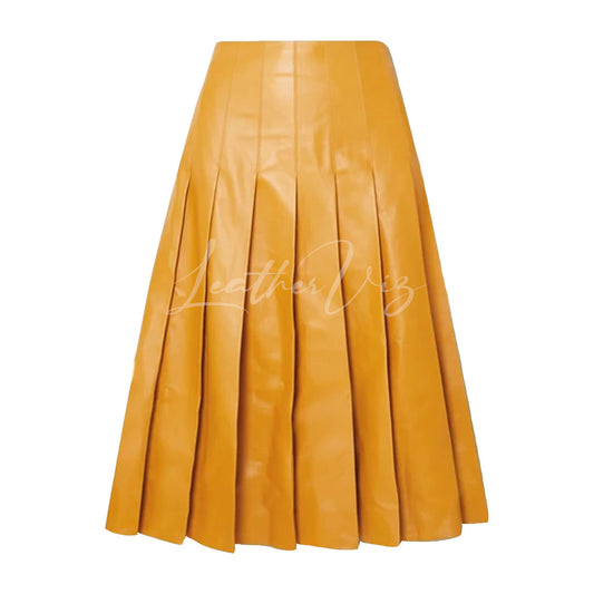 PLEATED STYLE FLARED LEATHER SKIRT FOR WOMEN